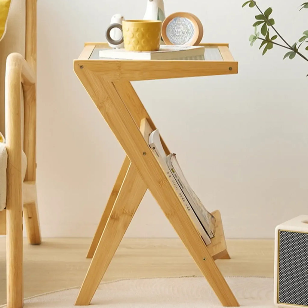 Glass and Wood Modern Foldable End Table with Rack