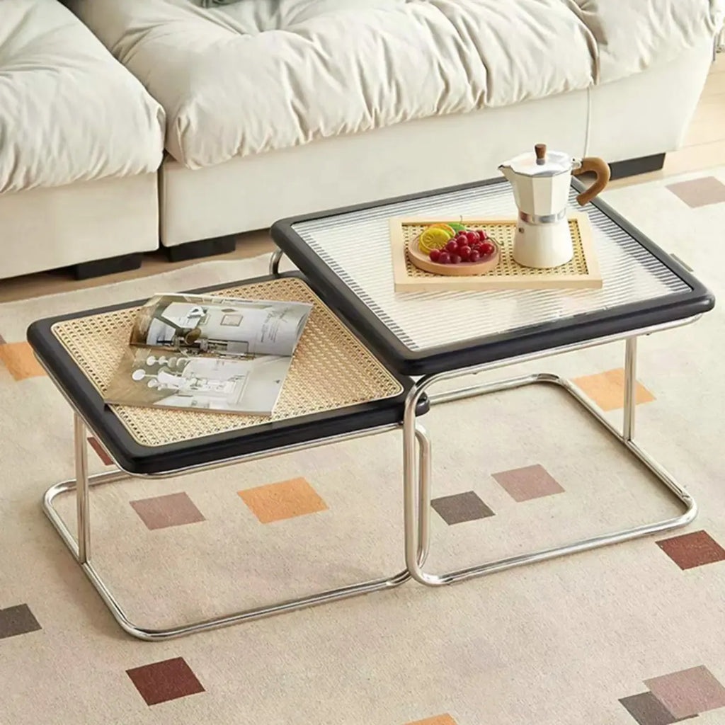 Cherry Finish Rattan Glass Square Nesting Coffee Table