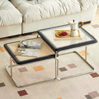 Cherry Finish Rattan Glass Square Nesting Coffee Table
