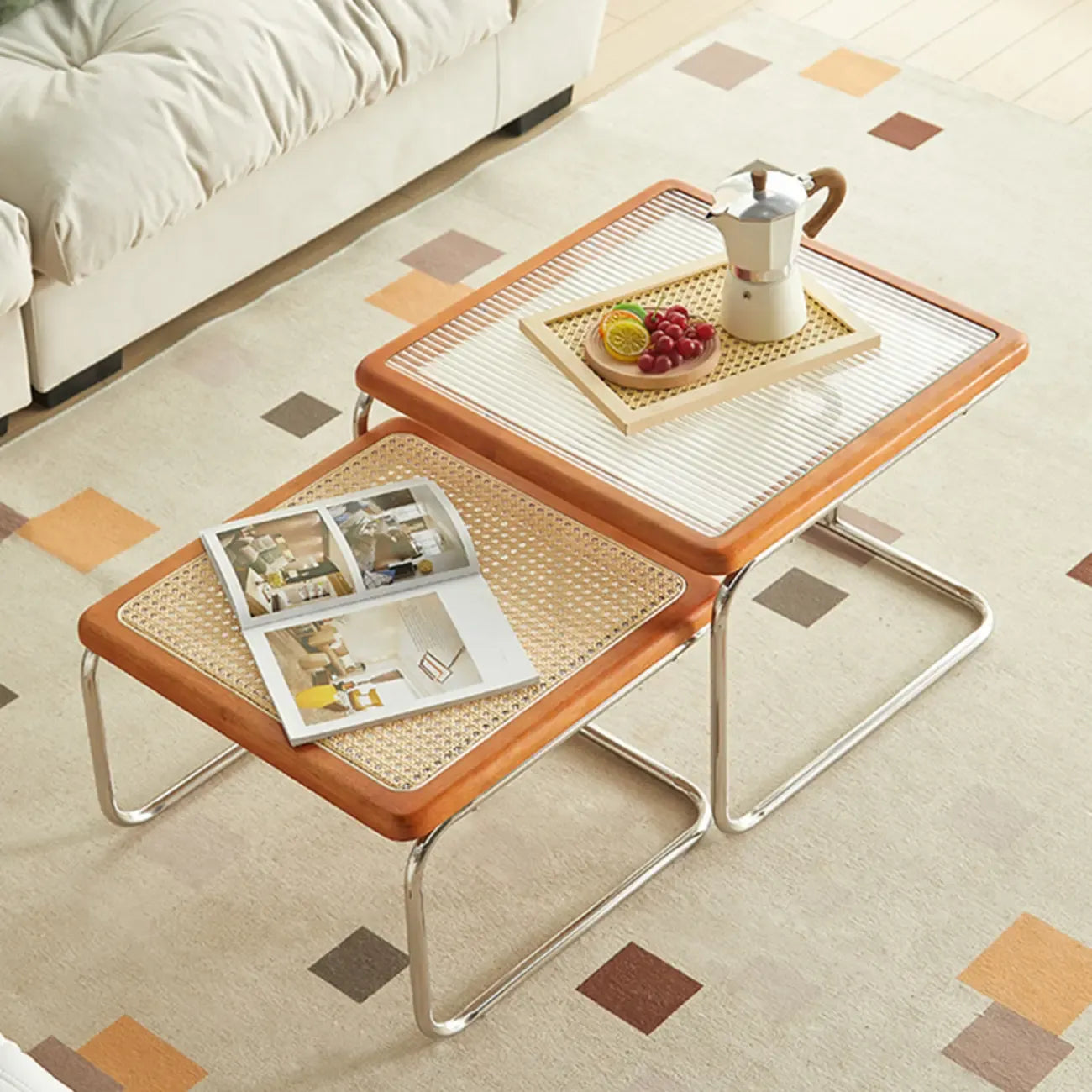 Cherry Finish Rattan Glass Square Nesting Coffee Table