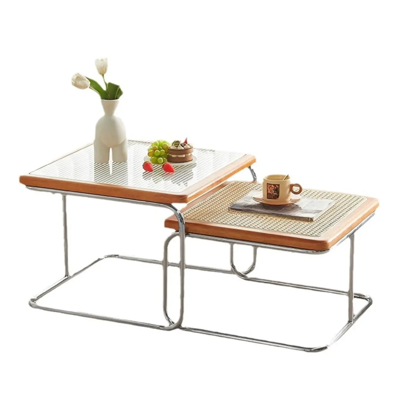 Cherry Finish Rattan Glass Square Nesting Coffee Table