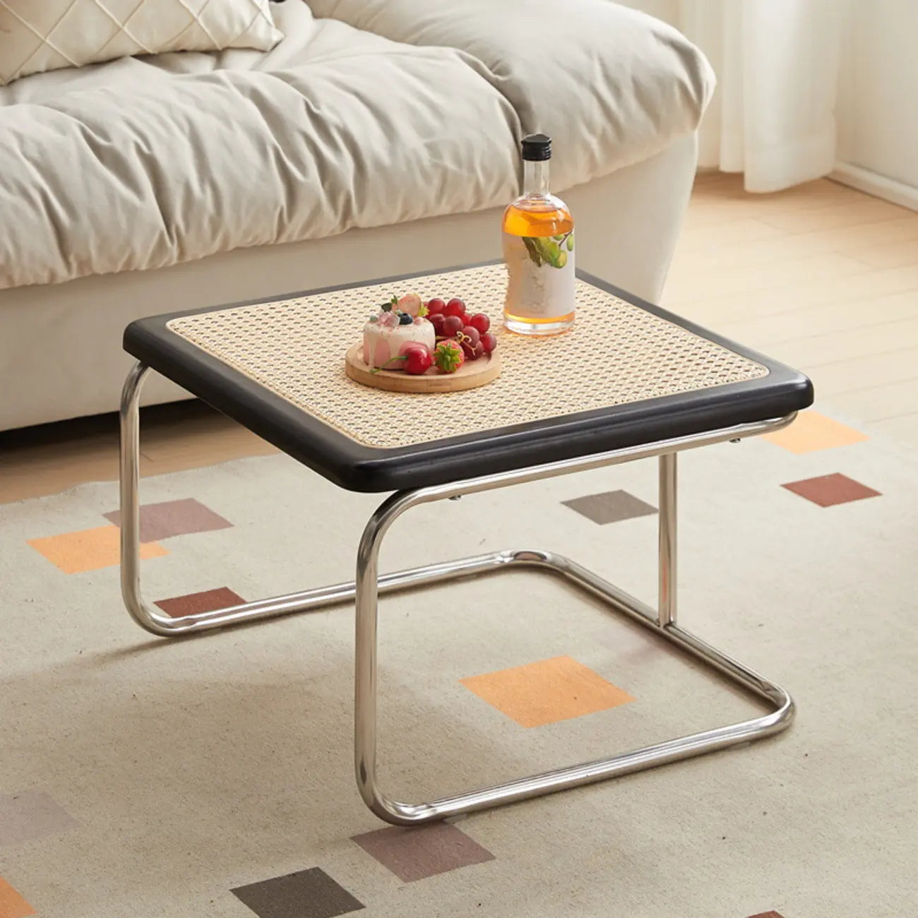 Cherry Finish Rattan Glass Square Nesting Coffee Table