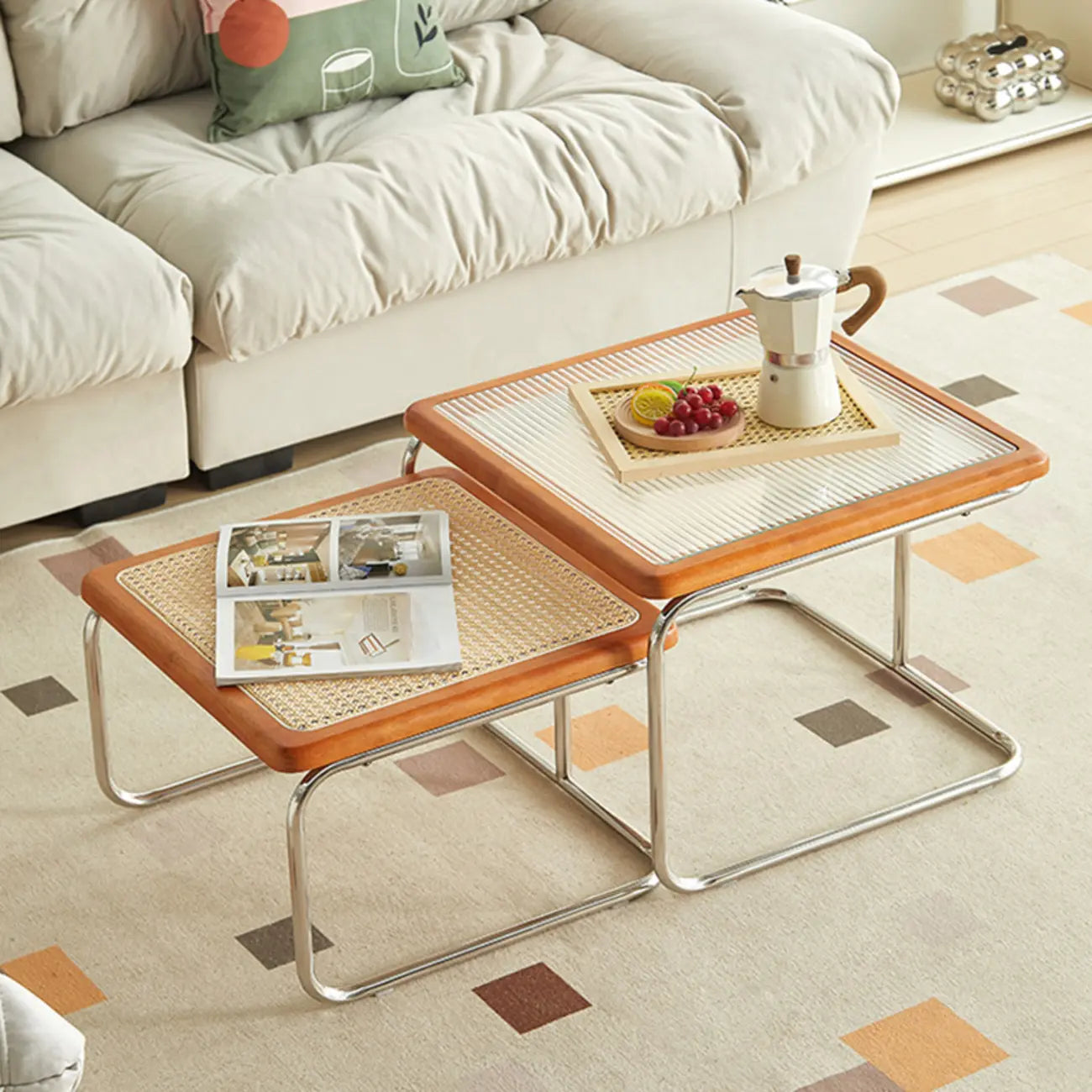 Cherry Finish Rattan Glass Square Nesting Coffee Table