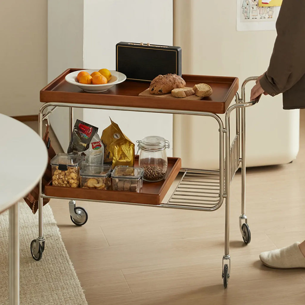 Brown Modern 2-Shelf Wood Rectangular Rolling Side Table