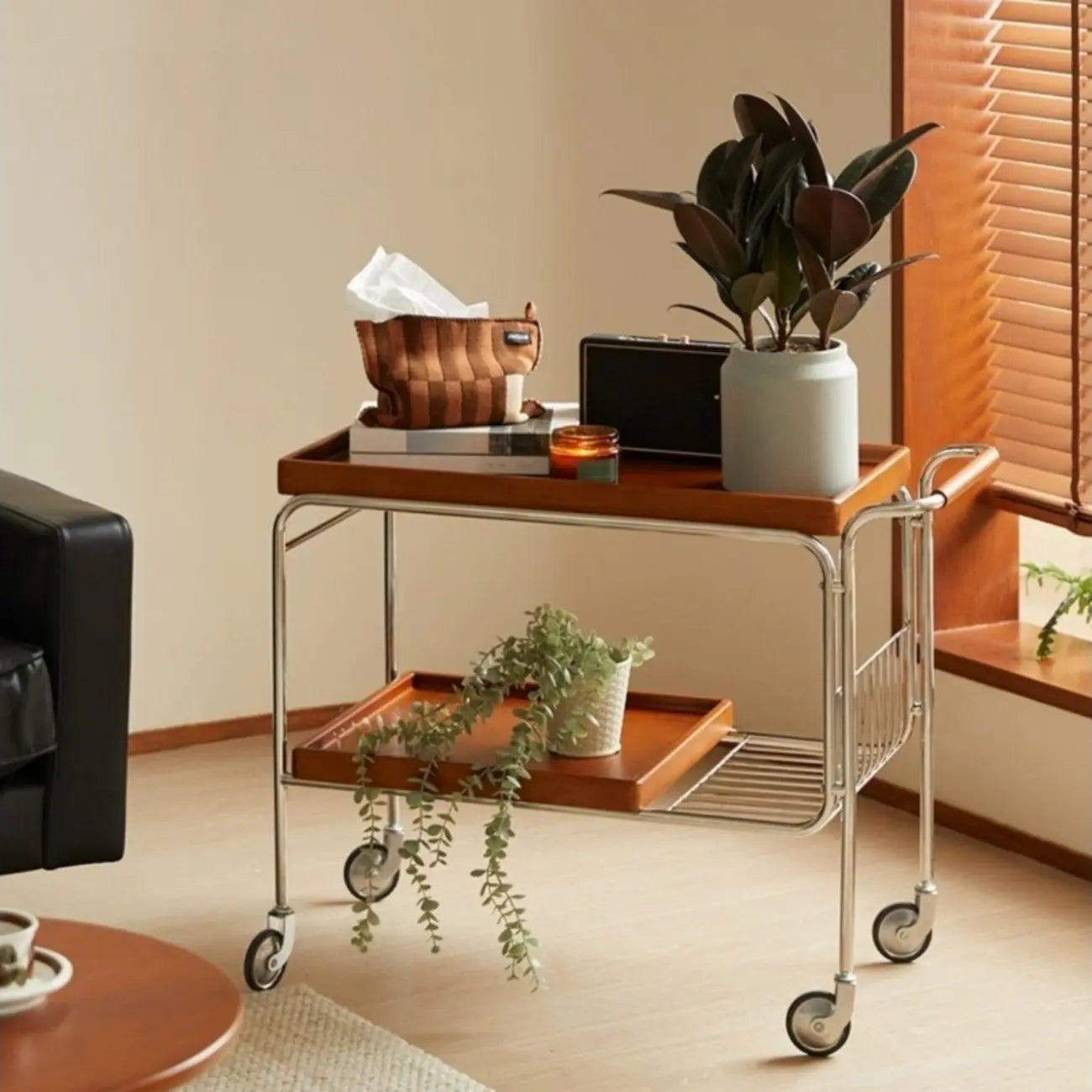 Brown Modern 2-Shelf Wood Rectangular Rolling Side Table