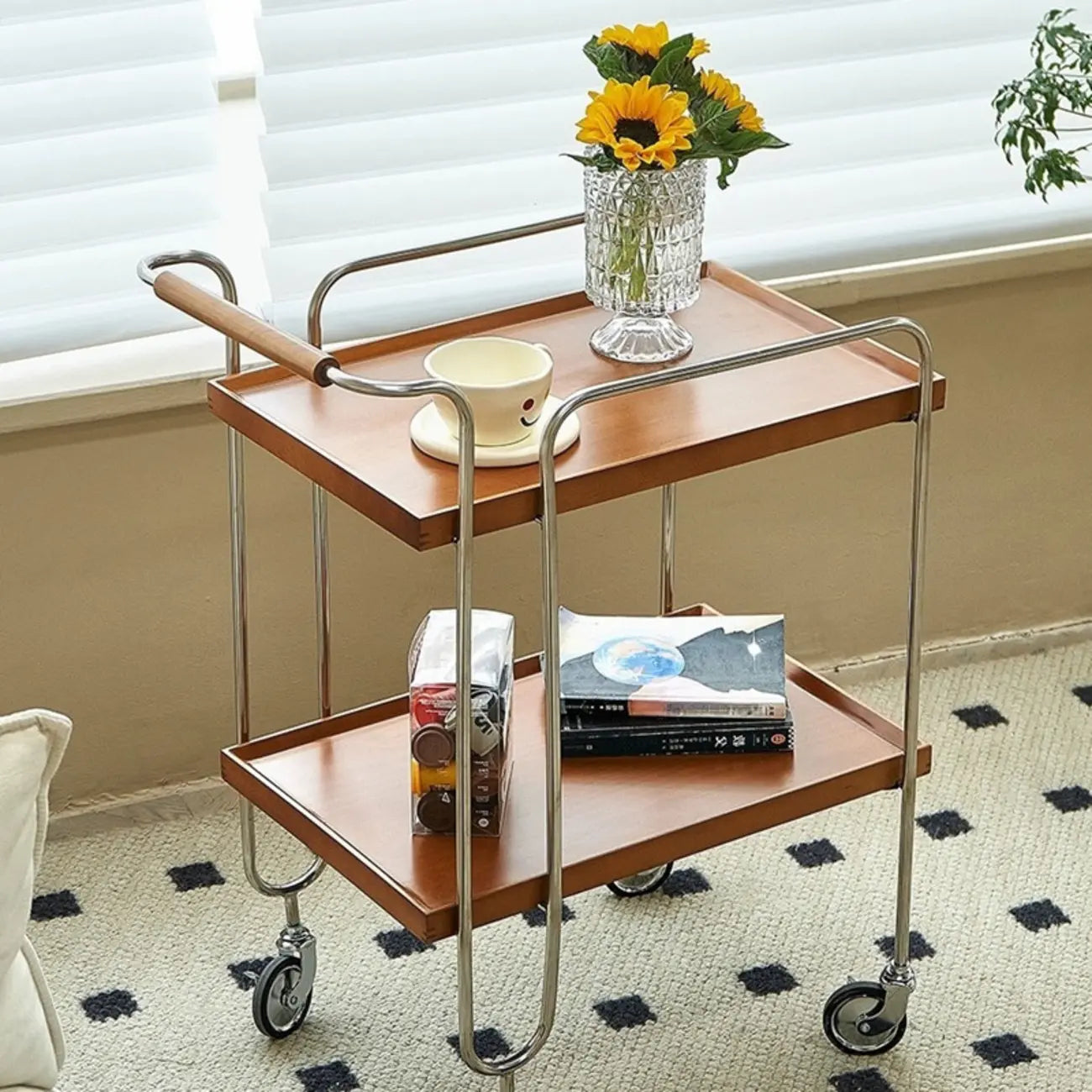 Brown Modern 2-Shelf Wood Rectangular Rolling Side Table