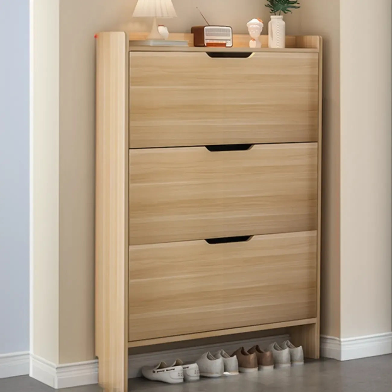 Efficient Minimalist Drop-Front Wood Adjustable Shoe Cabinet