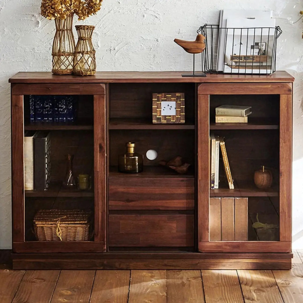 Brown Modern Wood Glass Display Cabinet with Storage