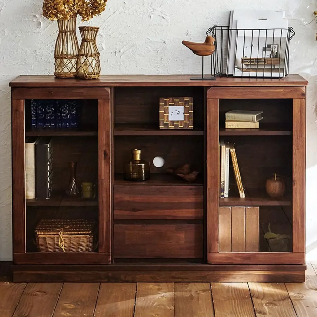 Brown Modern Wood Glass Display Cabinet with Storage