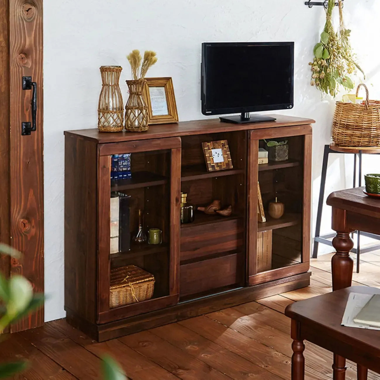 Brown Modern Wood Glass Display Cabinet with Storage
