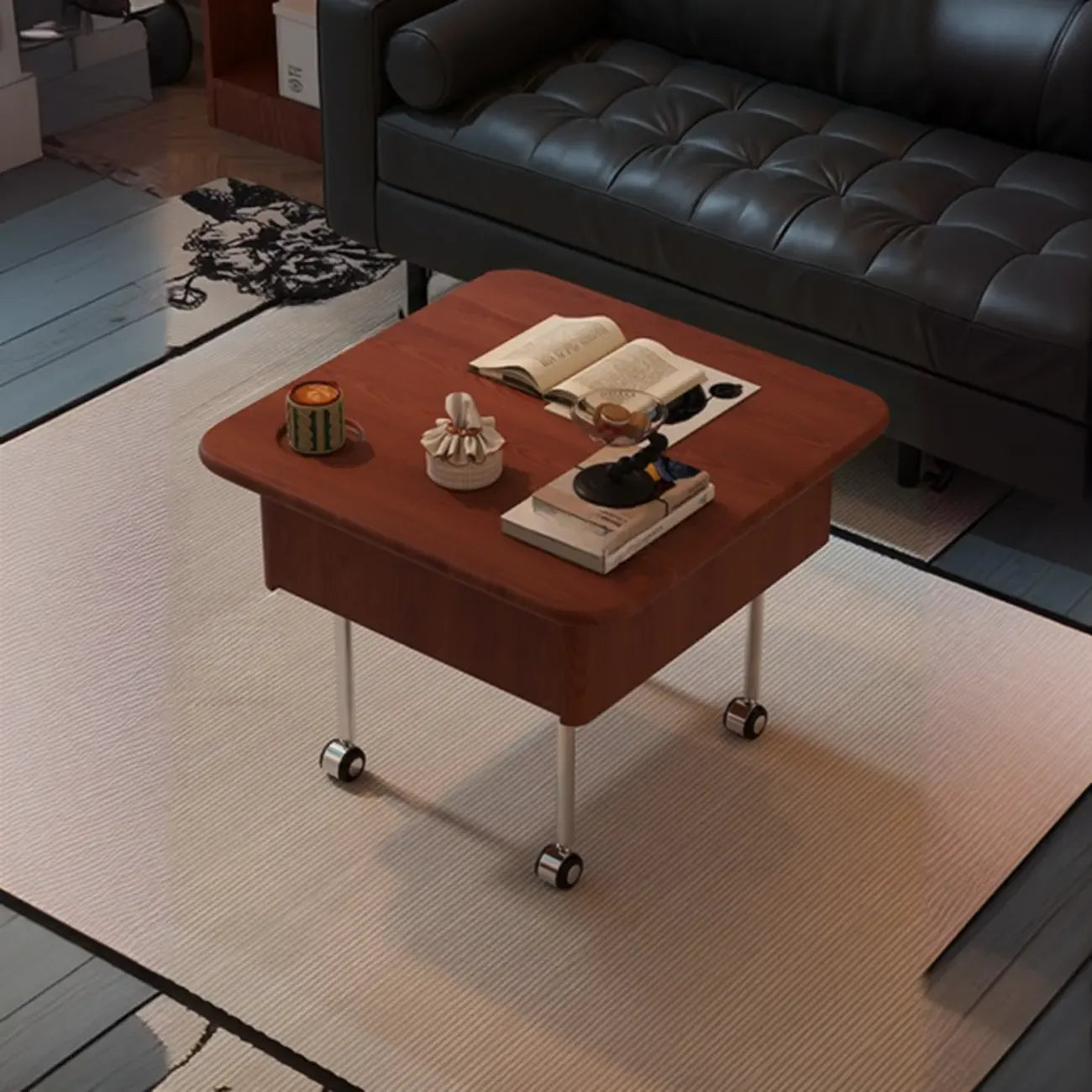 Square Wood Metal Storage Lift-Top Coffee Table with Wheels