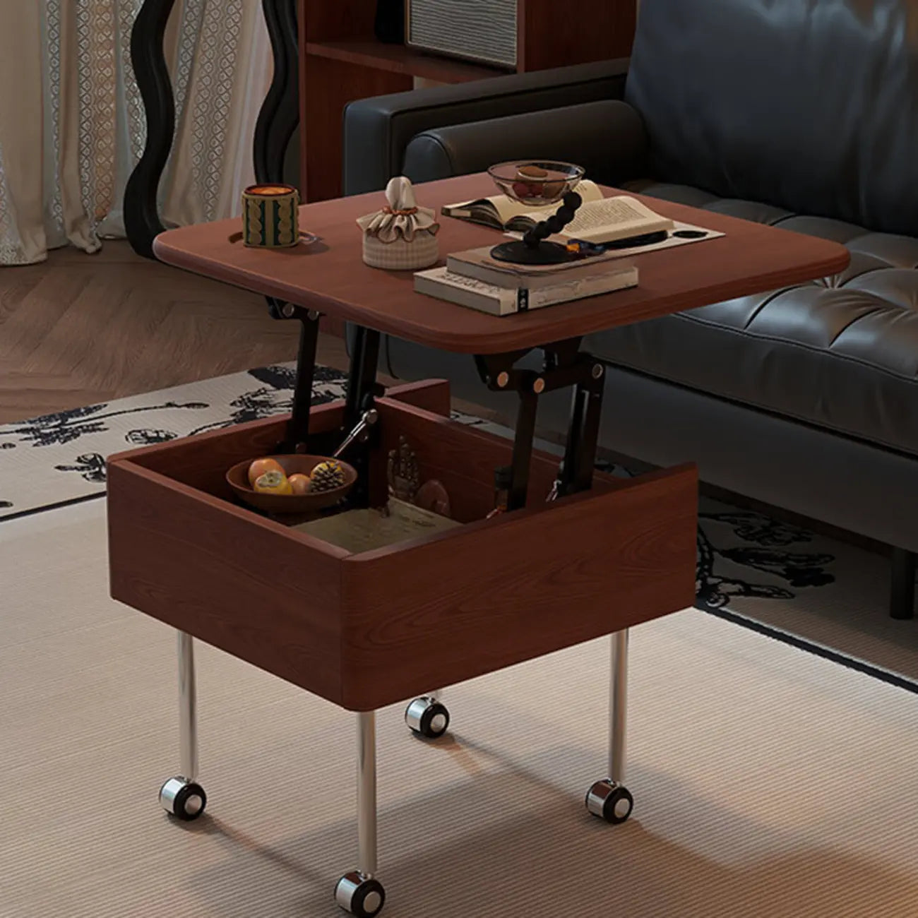 Square Wood Metal Storage Lift-Top Coffee Table with Wheels