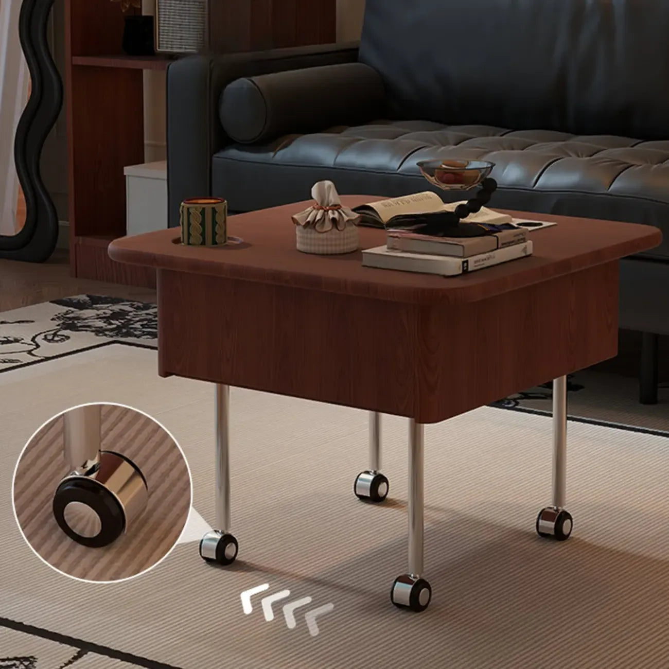 Square Wood Metal Storage Lift-Top Coffee Table with Wheels