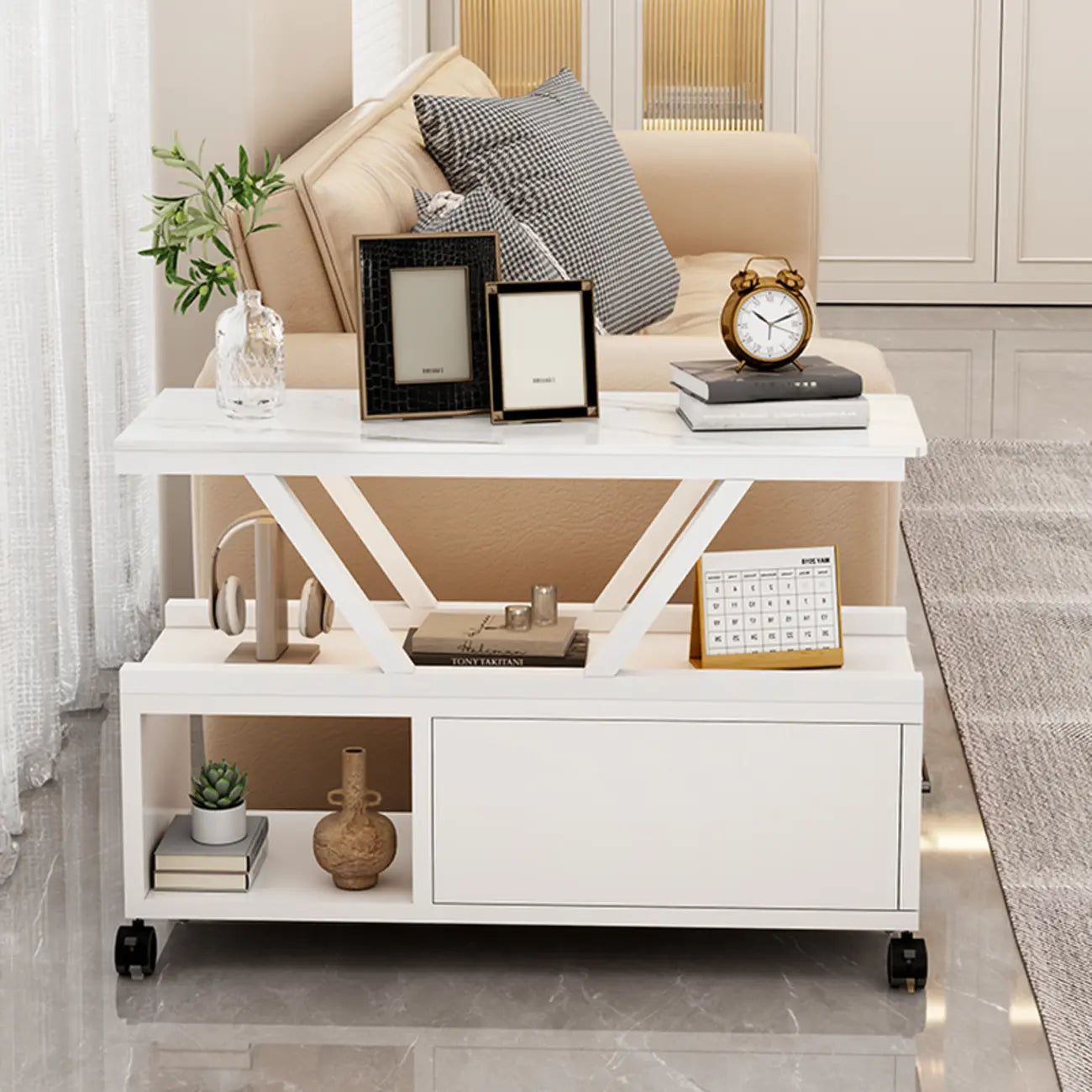 Grey Sintered Stone Top Rectangular Mobile Side Table with Storage