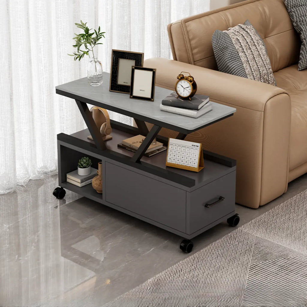 Grey Sintered Stone Top Rectangular Mobile Side Table with Storage