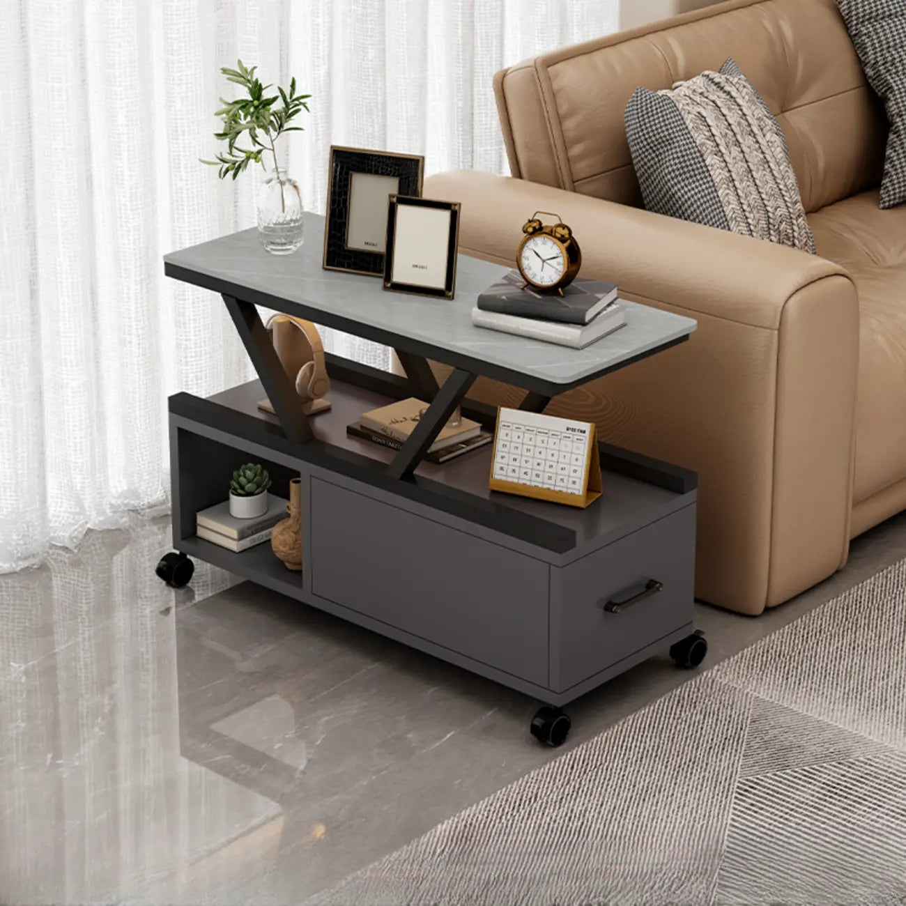 Grey Sintered Stone Top Rectangular Mobile Side Table with Storage