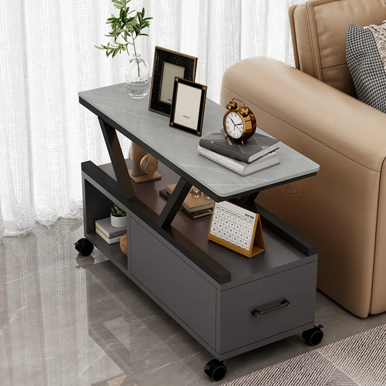 Grey Sintered Stone Top Rectangular Mobile Side Table with Storage