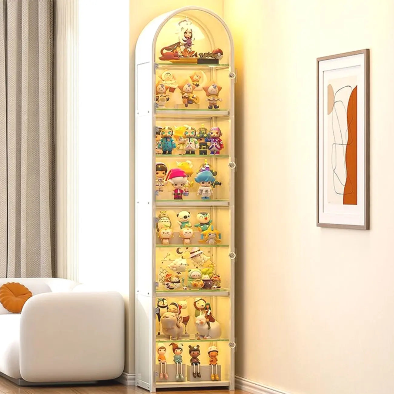 Narrow Adjustable White Metal Glass Corner Display Cabinet