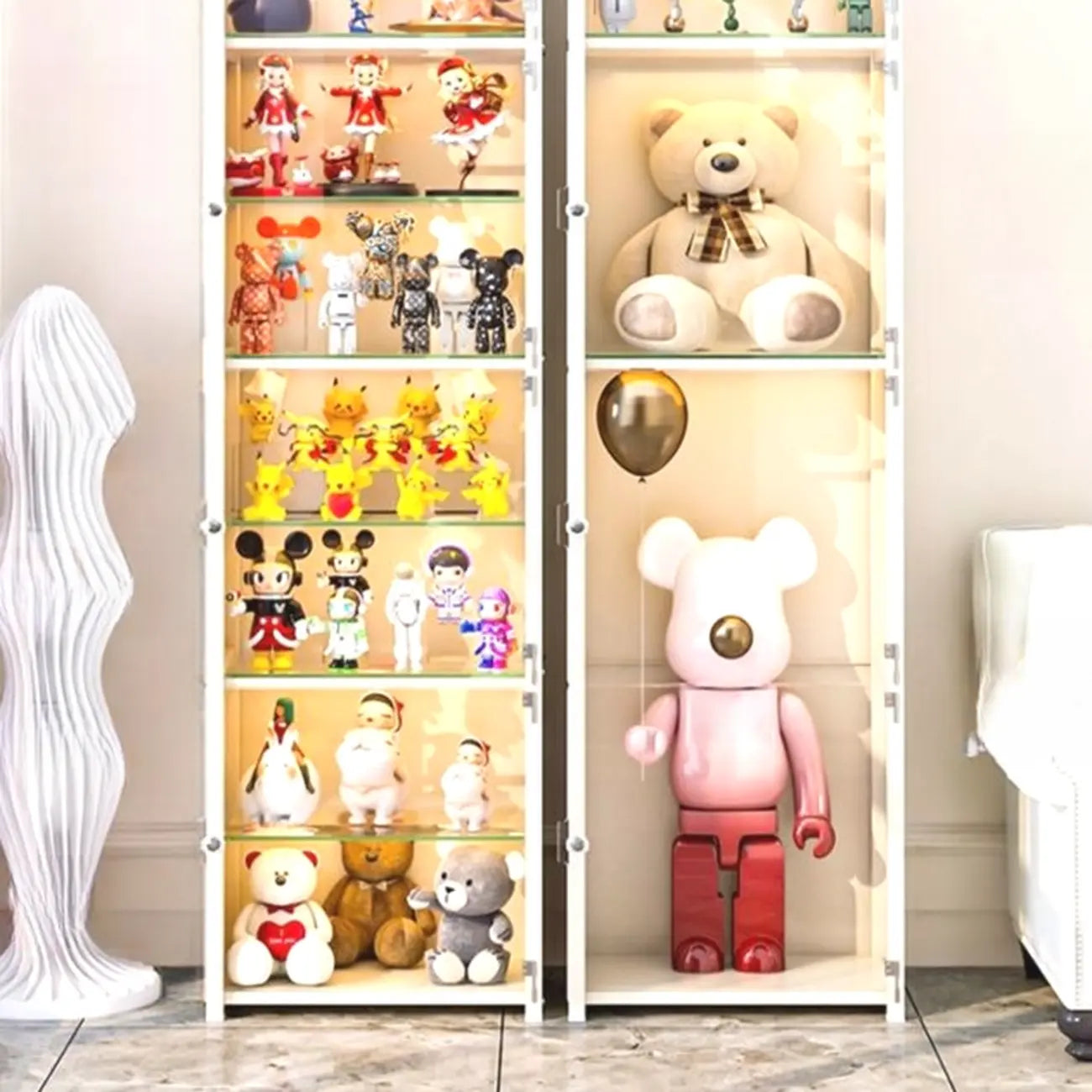 Narrow Adjustable White Metal Glass Corner Display Cabinet