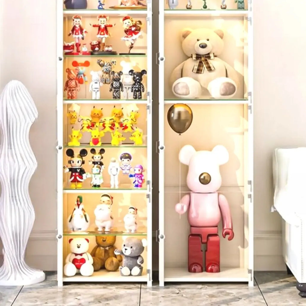 Narrow Adjustable White Metal Glass Corner Display Cabinet