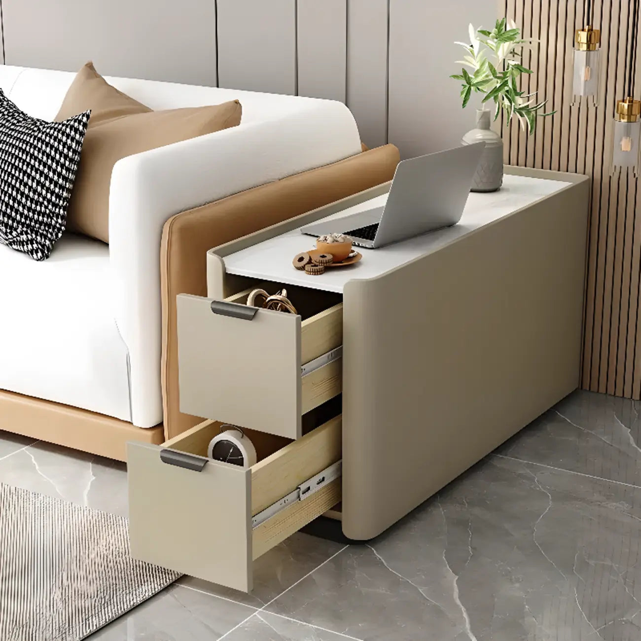 Compact Khaki Stone Top 2-Drawer Wood Block Side Table