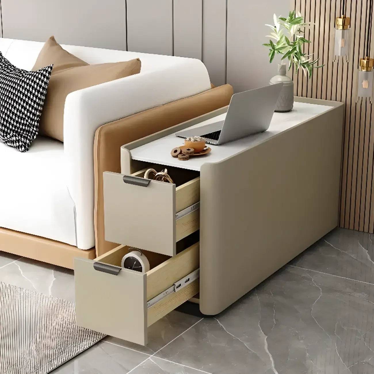 Compact Khaki Stone Top 2-Drawer Wood Block Side Table