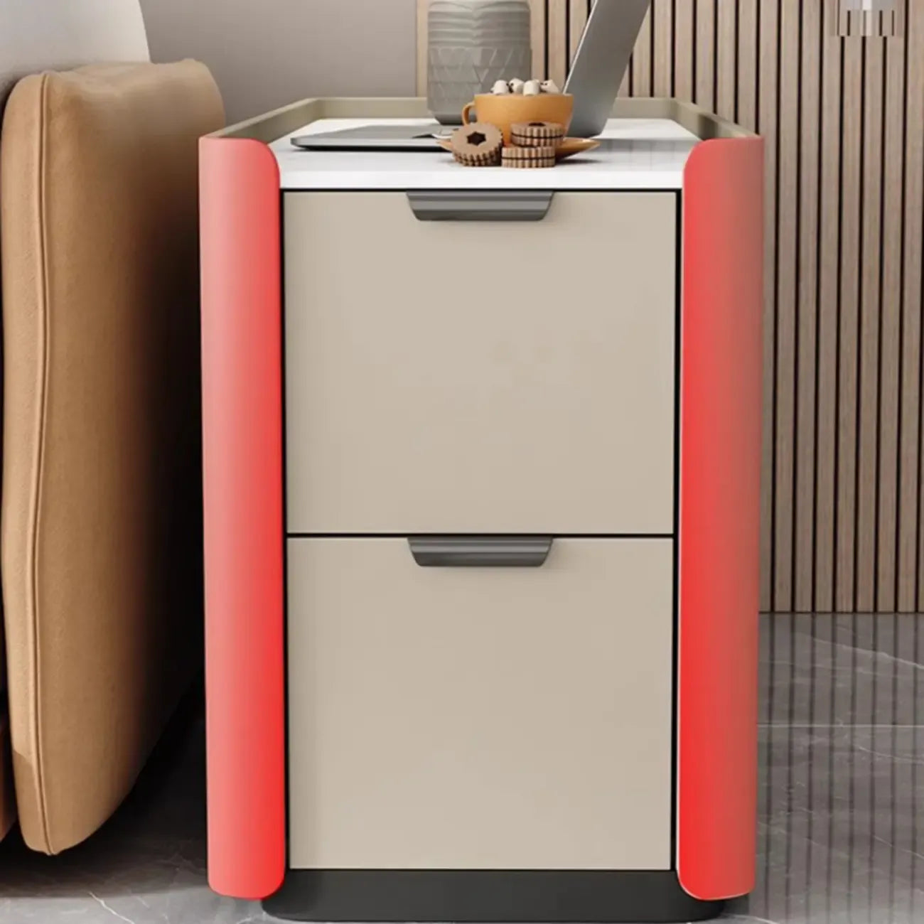 Compact Khaki Stone Top 2-Drawer Wood Block Side Table