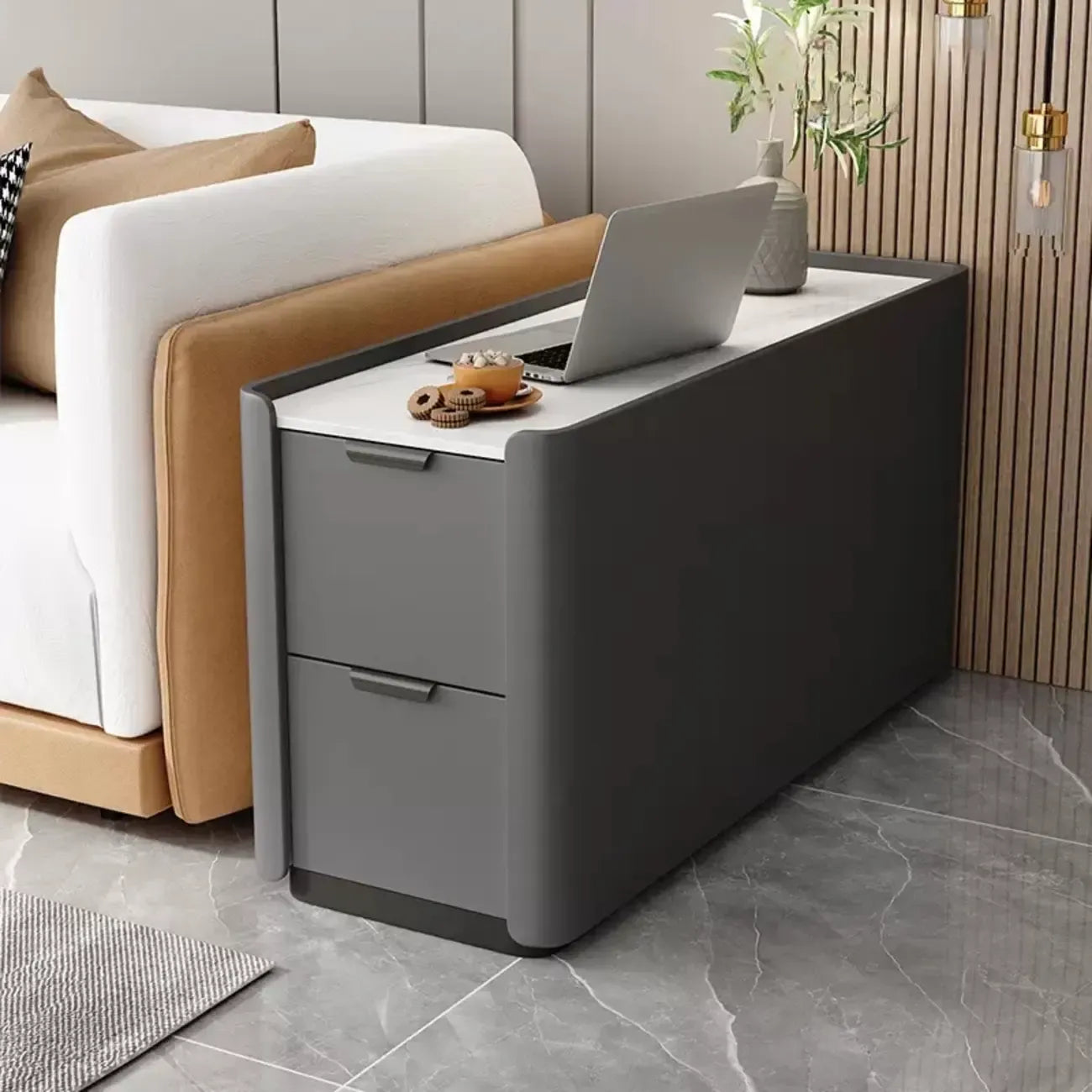 Compact Khaki Stone Top 2-Drawer Wood Block Side Table