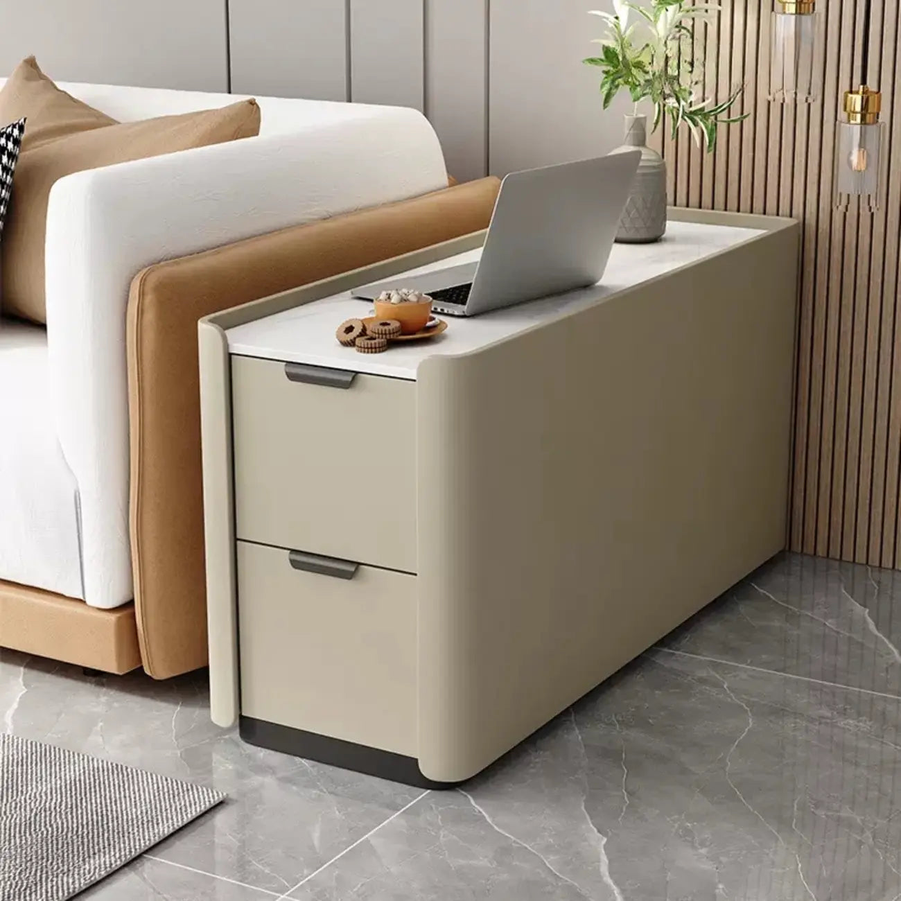 Compact Khaki Stone Top 2-Drawer Wood Block Side Table
