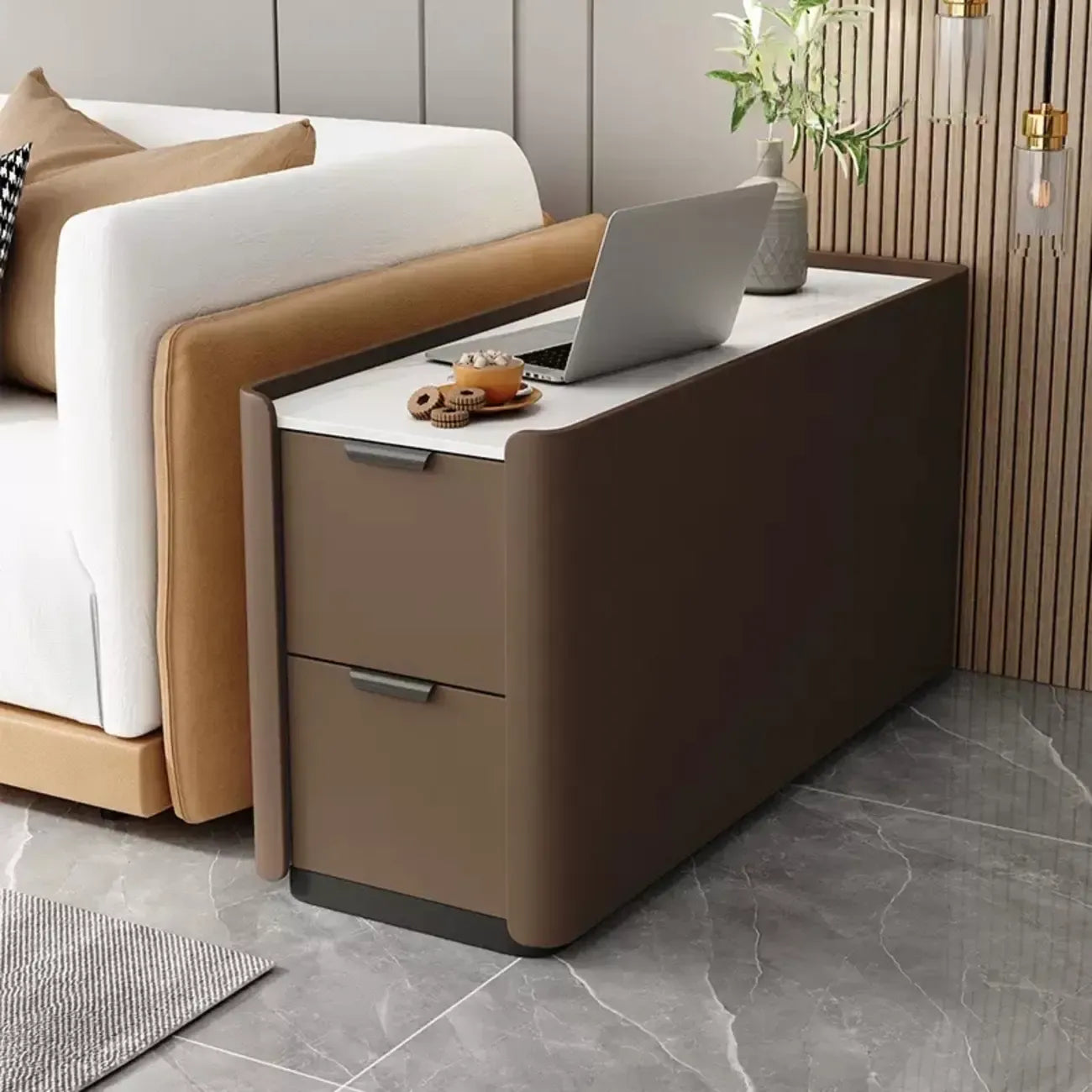Compact Khaki Stone Top 2-Drawer Wood Block Side Table