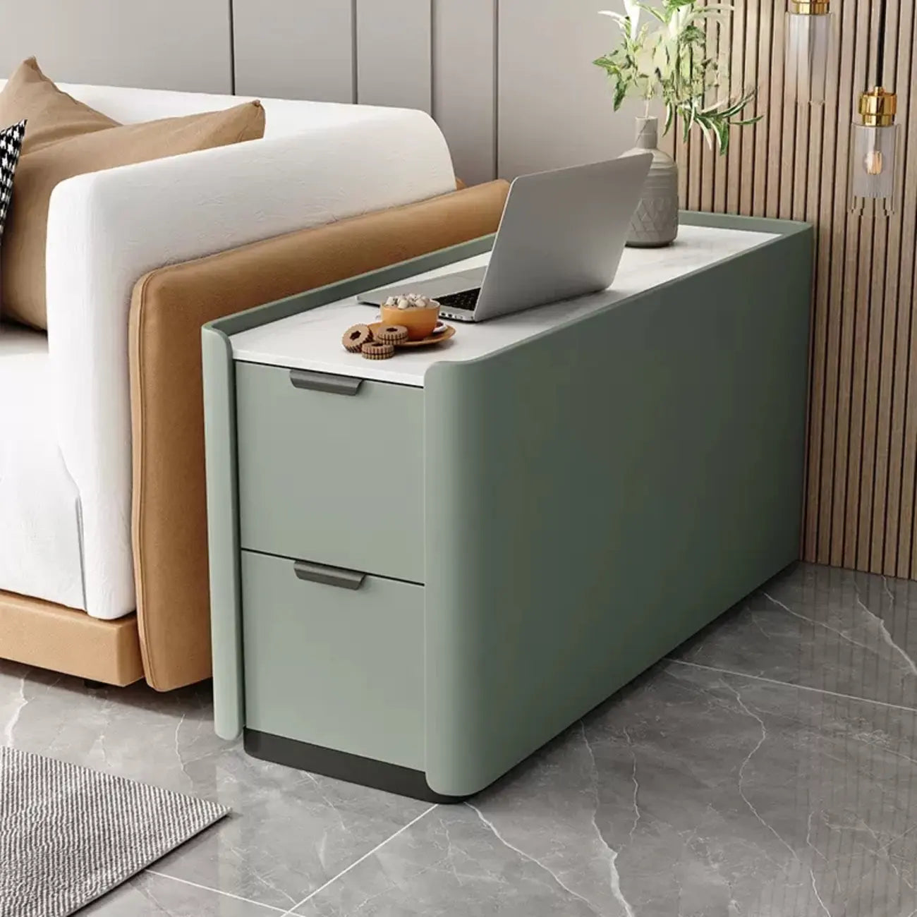 Compact Khaki Stone Top 2-Drawer Wood Block Side Table