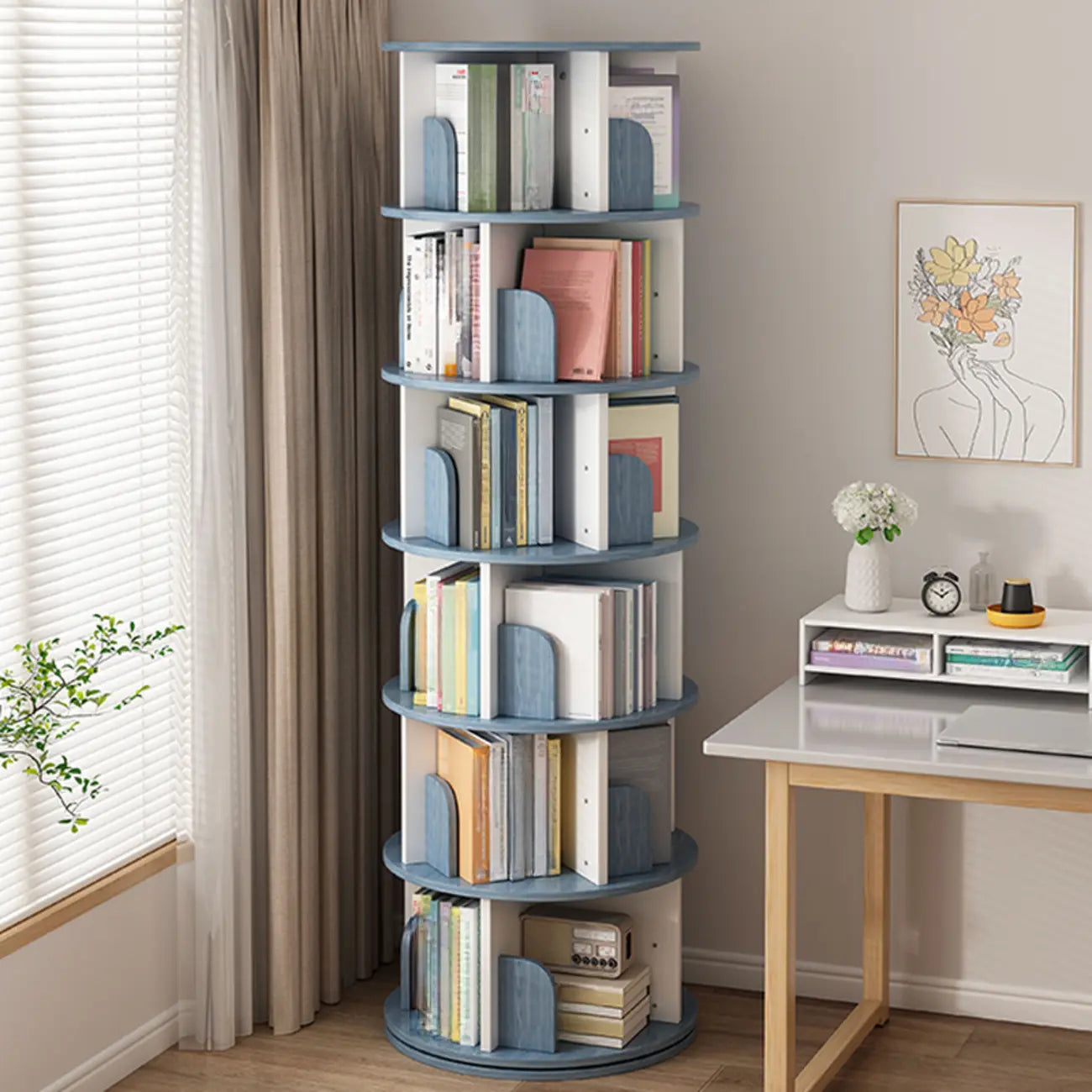 Brown Cylindrical Wooden Rotating Open-Back Bookcase
