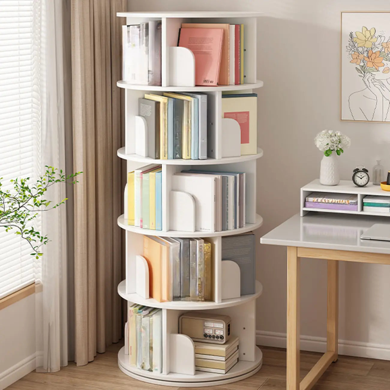 Brown Cylindrical Wooden Rotating Open-Back Bookcase