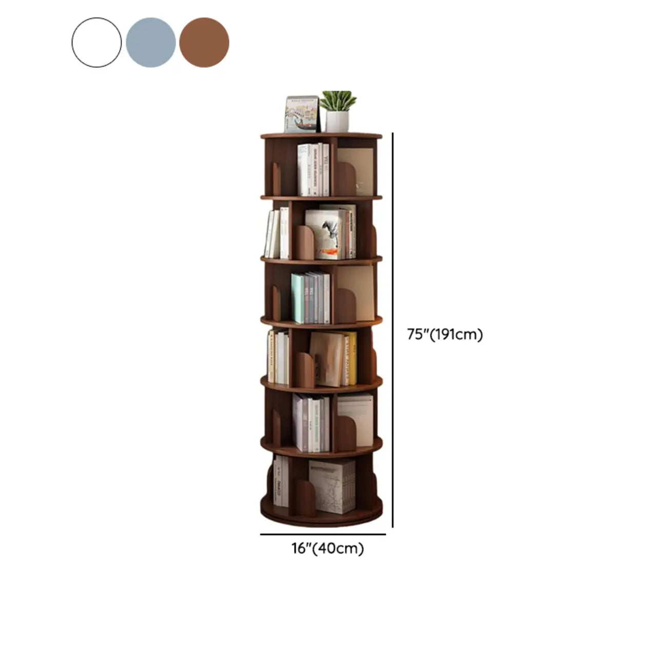 Brown Cylindrical Wooden Rotating Open-Back Bookcase
