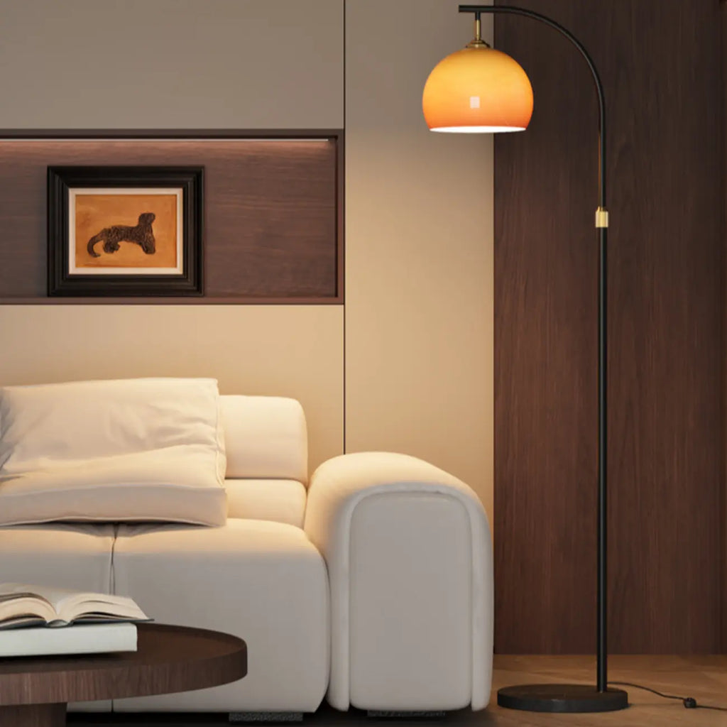 Orange Glass Dome Shade Adjustable Height Mental Floor Lamp