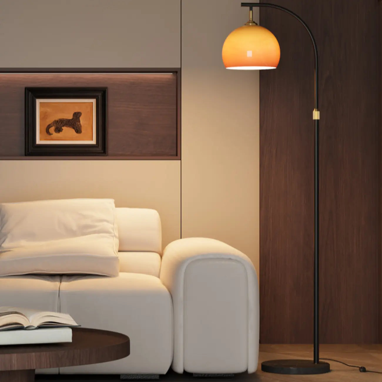 Orange Glass Dome Shade Adjustable Height Mental Floor Lamp