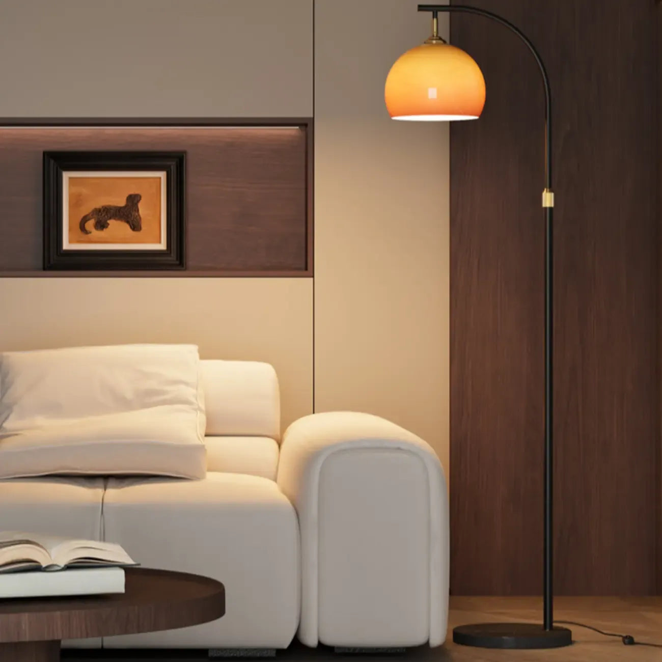 Orange Glass Dome Shade Adjustable Height Mental Floor Lamp