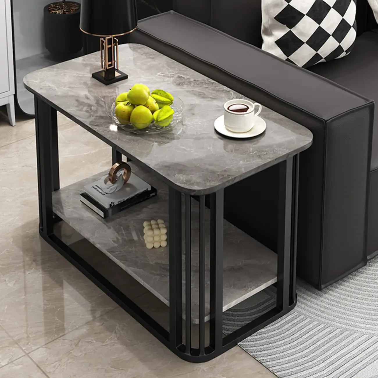 Luxury Rectangular Gold 2-Tier Coffee Table with Stone Top