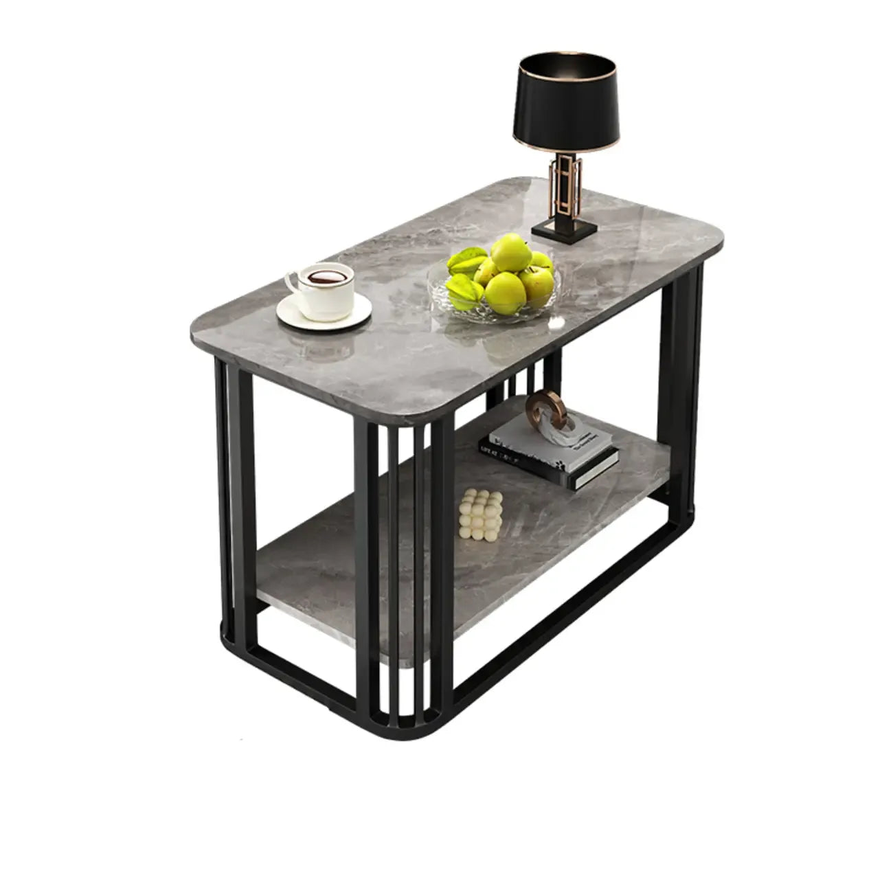 Luxury Rectangular Gold 2-Tier Coffee Table with Stone Top