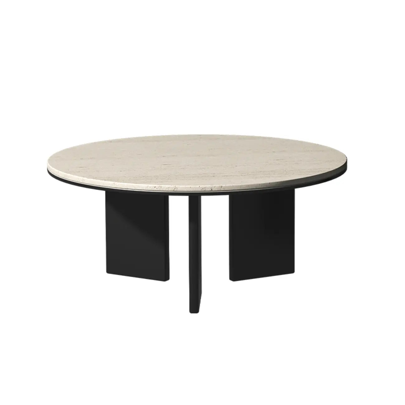 Minimalist Beige Travertine Round Coffee Table in Wood Base