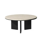 Minimalist Beige Travertine Round Coffee Table in Wood Base