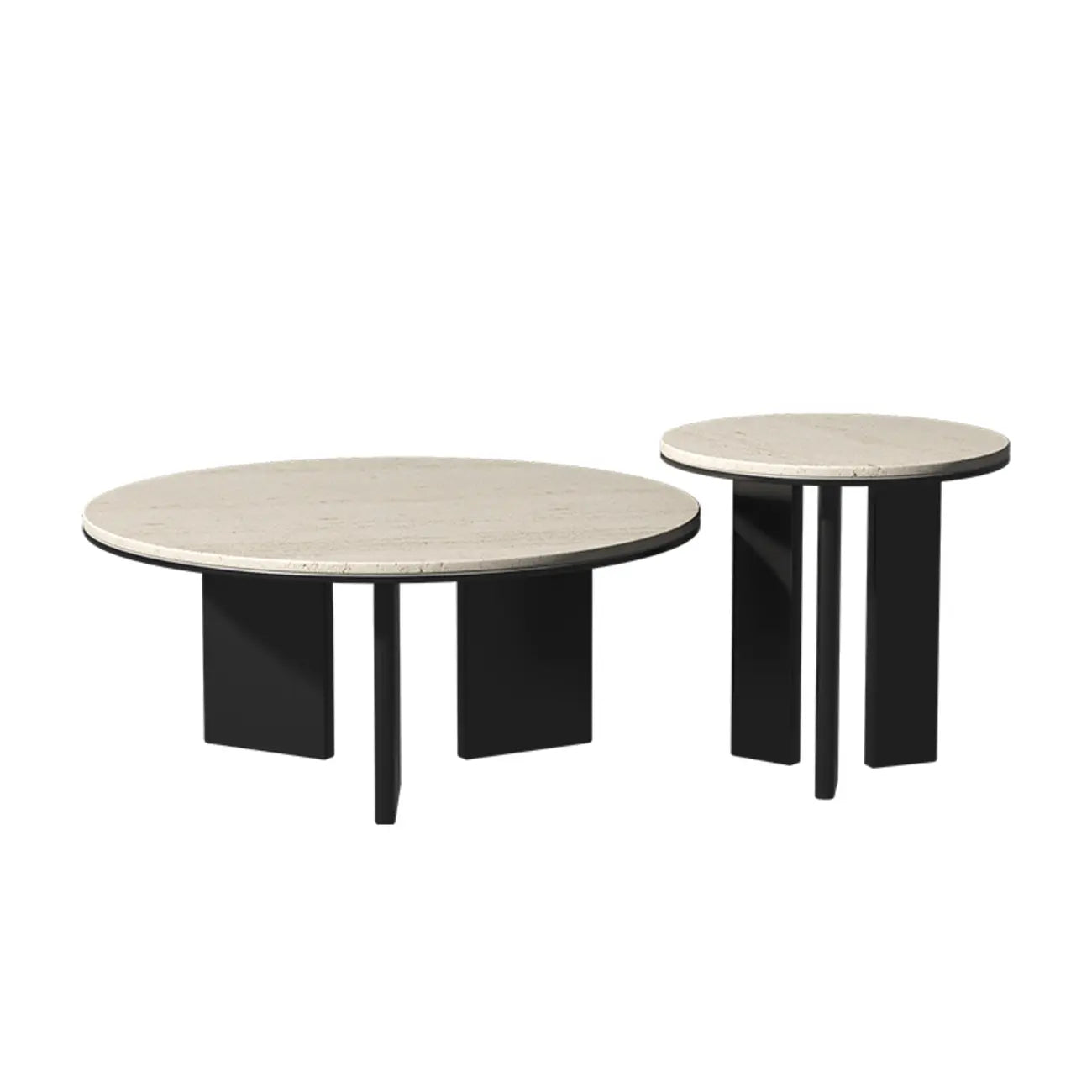 Minimalist Beige Travertine Round Coffee Table in Wood Base