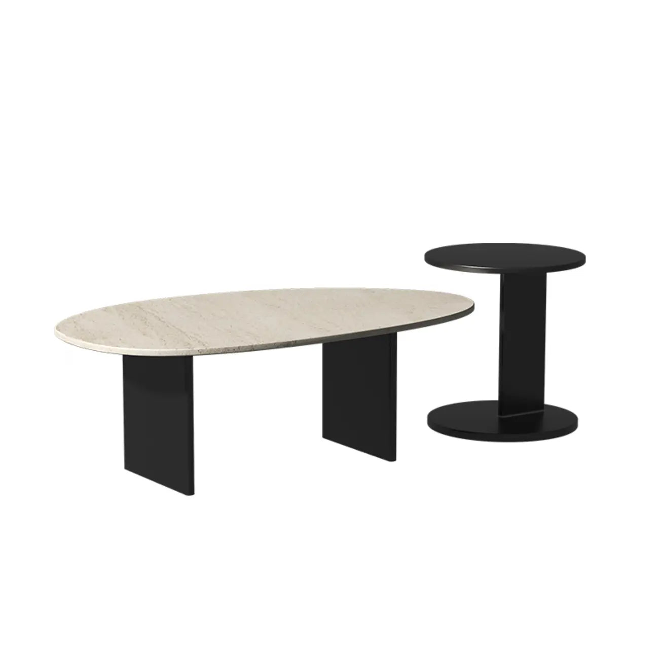 Minimalist Beige Travertine Round Coffee Table in Wood Base