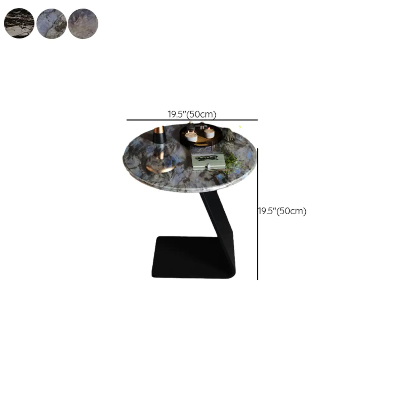 Black C-shaped Round Marble Top Living Room Side Table