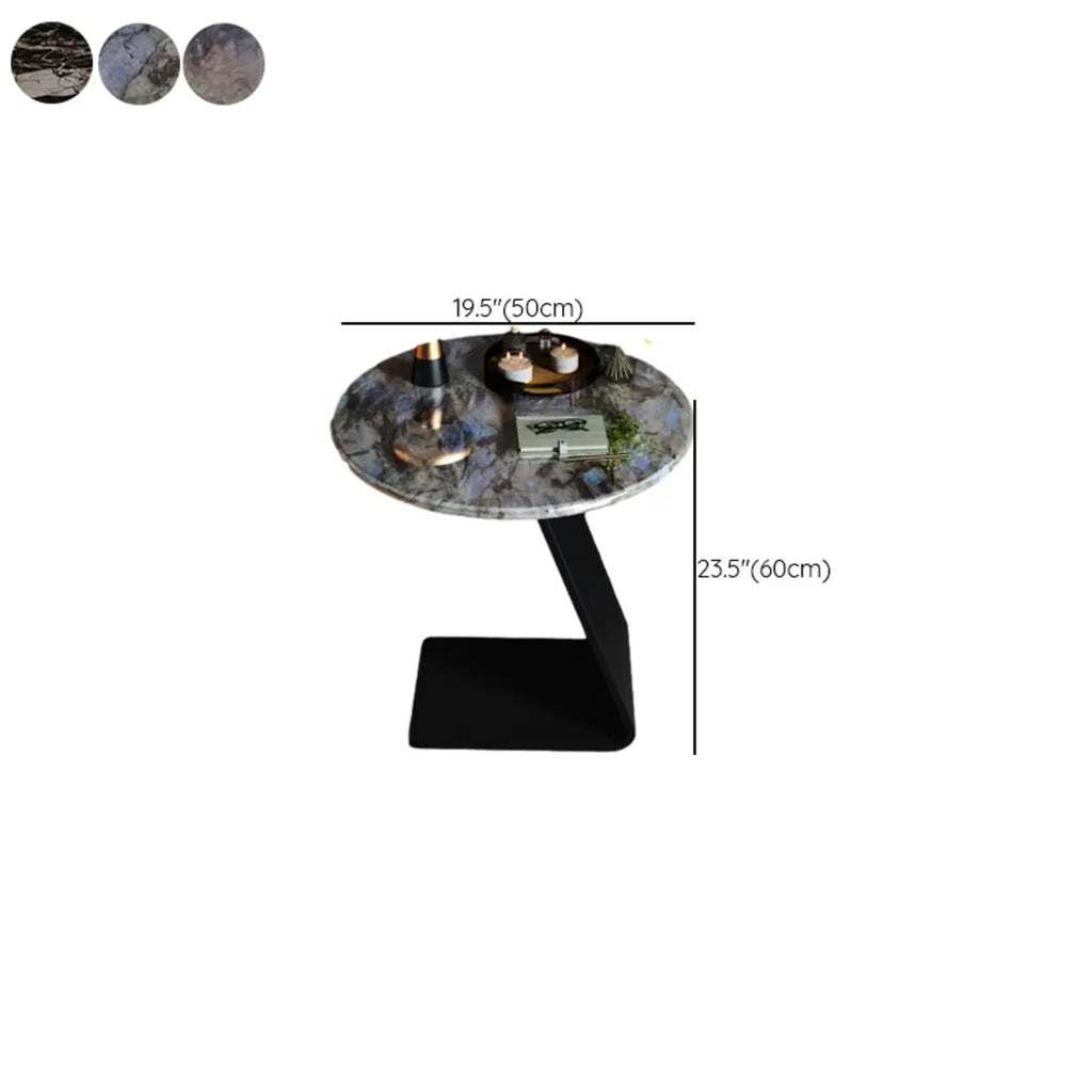 Black C-shaped Round Marble Top Living Room Side Table