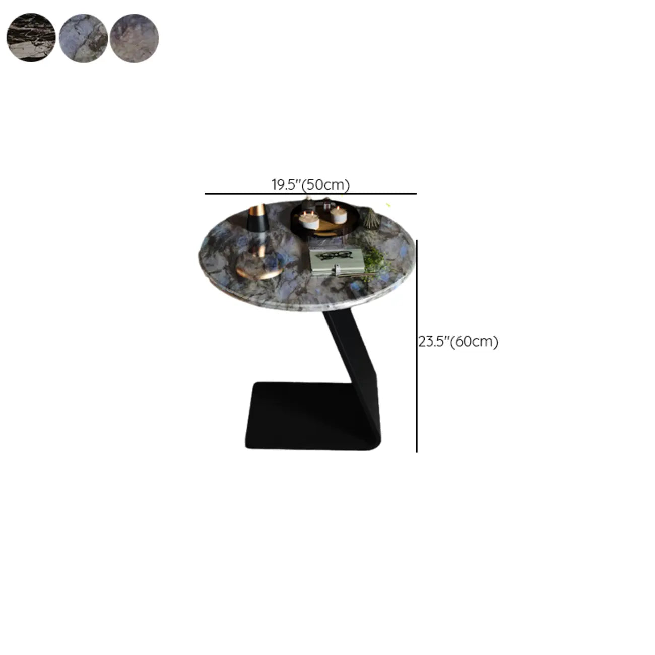 Black C-shaped Round Marble Top Living Room Side Table