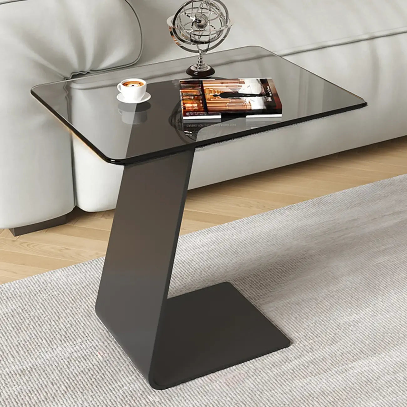 Black Glass Top Metal C-shaped End Table for Living Room