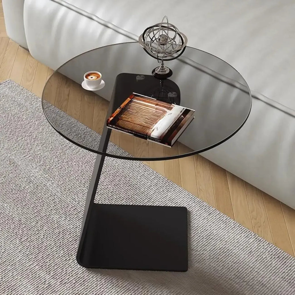 Black Glass Top Metal C-shaped End Table for Living Room