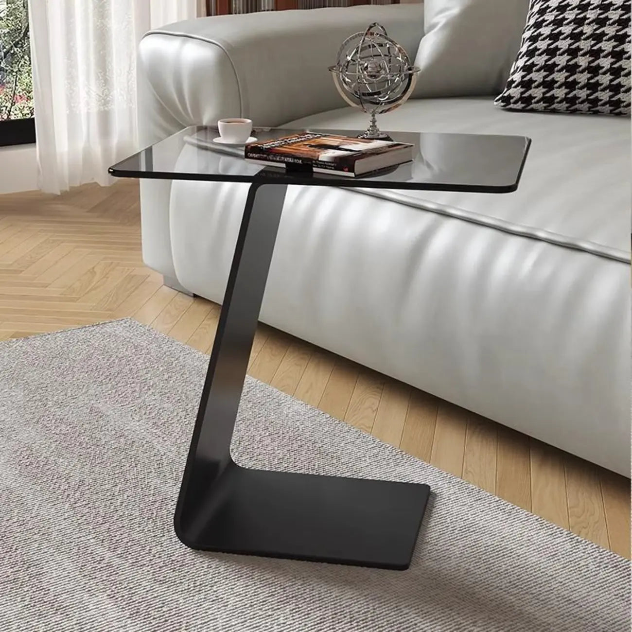 Black Glass Top Metal C-shaped End Table for Living Room