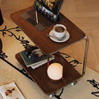 2-tier Rectangular C-shaped Wood Side Table with Wheels